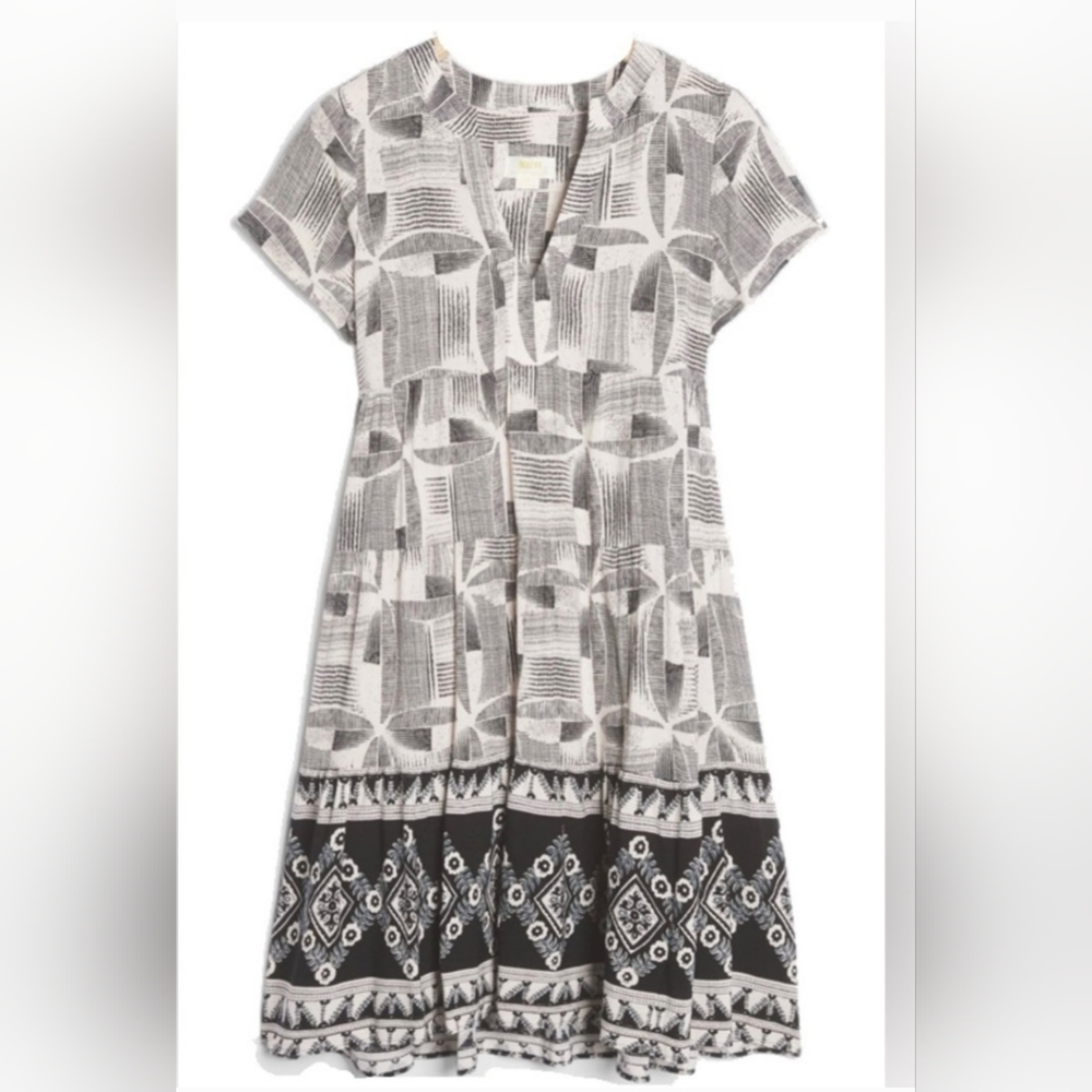 Anthropologie Maeve Harper Tiered Tunic Patterned Black and White Midi Dress A21
